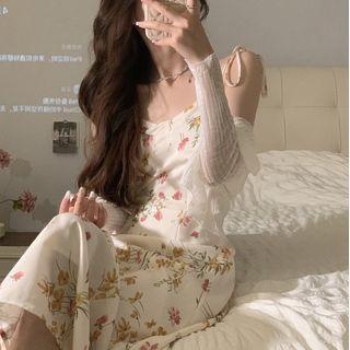 Floral Split Dress / Plain Cardigan
