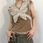 Cap-sleeve Butterfly Applique Cropped T-shirt