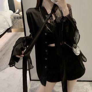 Bell-sleeve Mesh Shirt Black - One Size