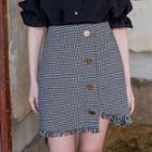 Metal-button Fringed Check Mini Skirt