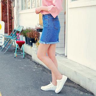 Frey-hem Denim Pencil Skirt