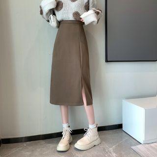 Plain Open-side Slit A-line Midi Skirt