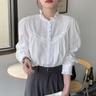 Puff Sleeve Stand Collar Eyelet Lace Blouse