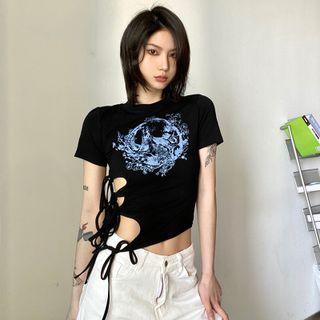 Print Cutout Tie-strap T-shirt