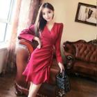 V-neck Long-sleeve Drawstring A-line Dress