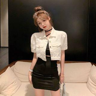 Short-sleeve Denim Cropped Jacket / Plain Cutout Dress