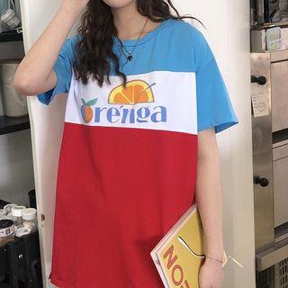 Color-block Printed Elbow-sleeve Top As Shown In Figure - One Size
