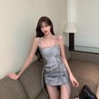 Spaghetti Strap Tie-dye Print Mini Bodycon Dress Gray - One Size