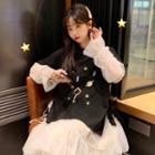 Long-sleeve Embroidered Slit Sweatshirt / Tiered A-line Midi Skirt