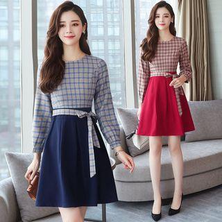 3/4-sleeve Plaid Panel A-line Mini Dress