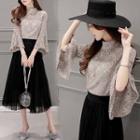 Set: Lace 3/4-sleeve Mock-neck Blouse + Mesh A-line Skirt