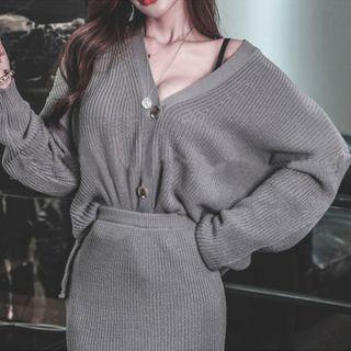 Set: V-neck Cardigan + Midi Skirt