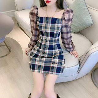 Plaid Panel Square-neck Mini A-line Dress