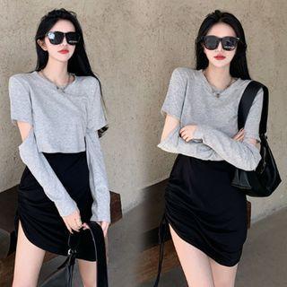 Long-sleeve Cutout T-shirt / Drawstring Mini Sheath Tank Dress