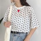 Heart Embroidered Dotted Crew-neck Short-sleeve T-shirt