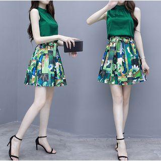 Set: Sleeveless Blouse + Printed Mini A-line Skirt