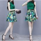 Set: Sleeveless Blouse + Printed Mini A-line Skirt