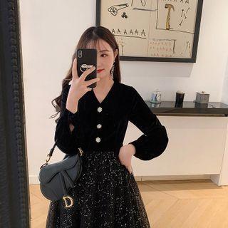 Velvet Panel V-neck Long-sleeve A-line Dress
