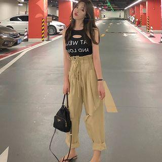 Lettering Halter Top / Drawstring Waist Ripped Pants