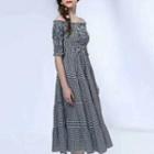 Plaid Off-shoulder Elbow-sleeve Midi A-line Dress
