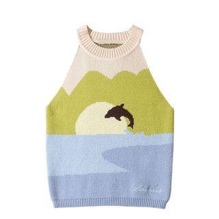 Halter-neck Printed Knit Top Beige - One Size