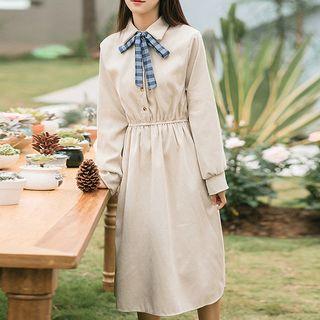 Long-sleeve Placket A-line Midi Dress