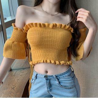 Off-shoulder Ruffle Knit Crop Top