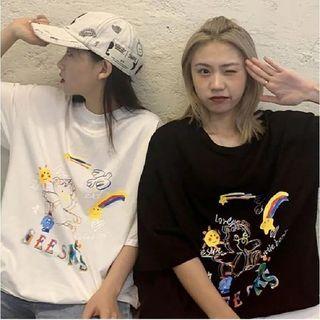 Short-sleeve Crew Neck Cartoon Print T-shirt