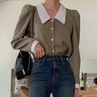 Contrast-trim Puff-shoulder Blouse