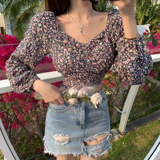Long-sleeve Off-shoulder Floral Blouse