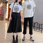 Couple Matching Short-sleeve Print Mandarin-collar Top / Midi Skirt / Straight Leg Pants