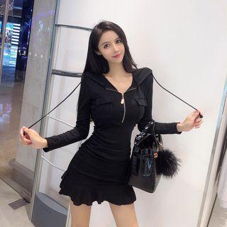 Ruffle Hem Hooded Long-sleeve Mini T-shirt Dress