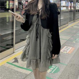Spaghetti Strap Gingham A-line Dress / Cardigan