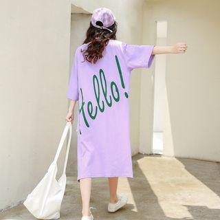3/4-sleeve Letter Slit Mini T-shirt Dress