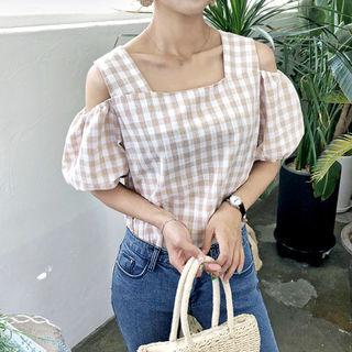 Off-shoulder Puff-sleeve Gingham Top