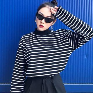 Striped Long-sleeve Mock-neck T-shirt