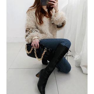 Balloon-sleeve Leopard-trim Furry Sweater