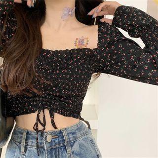 Square Neck Floral Long-sleeve Top As Shown In Figure - One Size