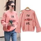 Lettering Ripped Cut Out Shoulder Pullover