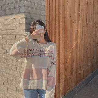 Flower Pattern Loose Sweater Pink - One Size
