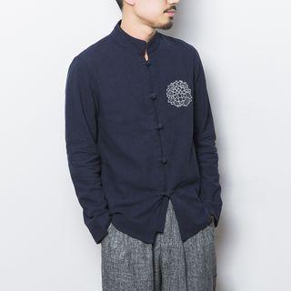 Embroidered Stand Collar Long-sleeve Shirt