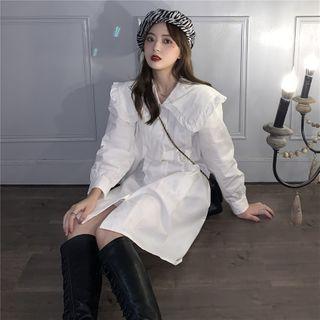 Long-sleeve Frill Trim Wide Collar A-line Shirtdress
