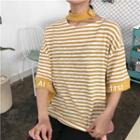3/4-sleeve Embroidered Striped T-shirt