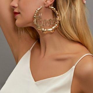 Lettering Bamboo Hoop Earring 1 Pair - Dz117 - 01 - Gold - One Size