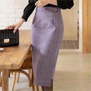 Button-trim Slit-hem Midi Skirt