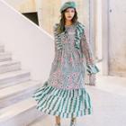 Flower Print Ruffle Long-sleeve Midi Shift Dress