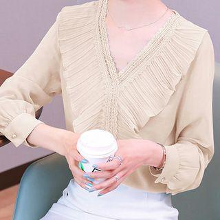 Long-sleeve Ruffle Trim Mesh Blouse