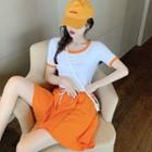 Set: Contrast Trim Short-sleeve T-shirt + Drawstring Mini A-line Skirt