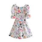 Short-sleeve Floral Print Mini Smock Dress