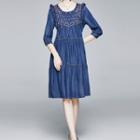 3/4-sleeve Ruffle Midi A-line Denim Dress